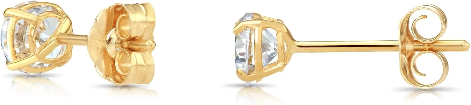 14k Yellow Gold Solitaire Round Cubic Zirconia CZ Stud Earrings with Gold butterfly Pushbacks