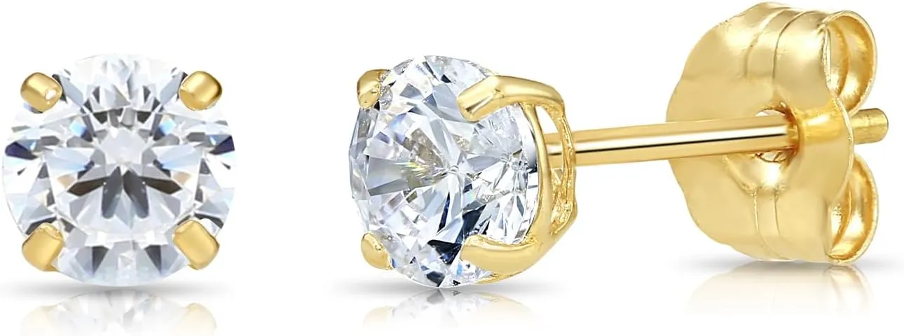 14k Yellow Gold Solitaire Round Cubic Zirconia CZ Stud Earrings with Gold butterfly Pushbacks
