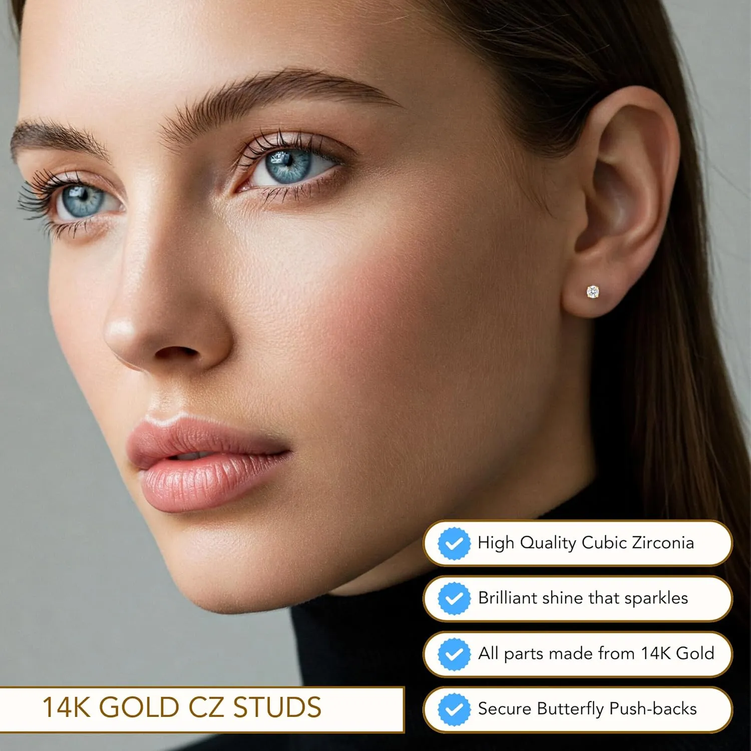 14k Yellow Gold Solitaire Round Cubic Zirconia CZ Stud Earrings with Gold butterfly Pushbacks