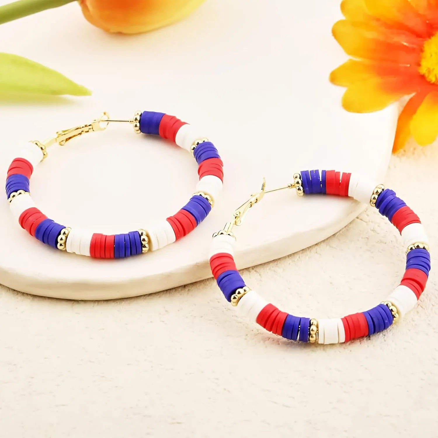 4th of July Earrings Patriotic Hoop Earrings for Women,American Flag Patriotic Earrings Red White Blue Polymer Earring Independent Day USA Circle Earring Holiday Jewelry