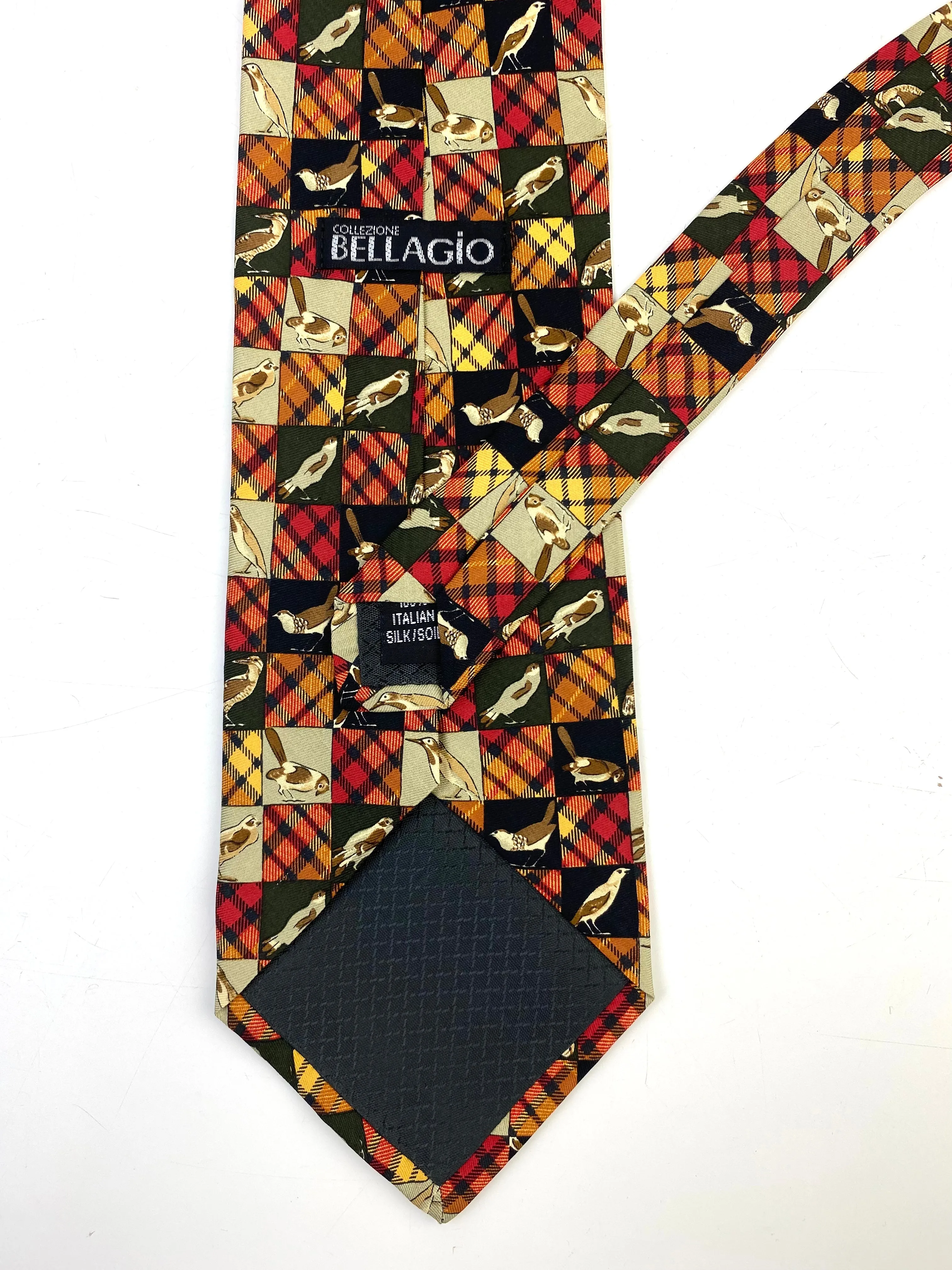 90s Deadstock Silk Necktie, Men's Vintage Gold/Red/Green Check Plaid Bird Pattern Tie, NOS
