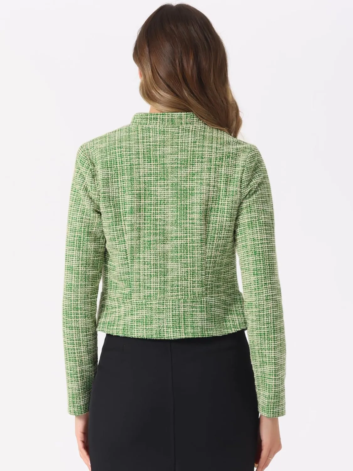 Allegra K Vintage Tweed Jackets for Women's Stand Collar Business Open Front Cropped Jacket