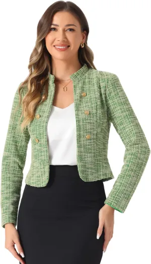 Allegra K Vintage Tweed Jackets for Women's Stand Collar Business Open Front Cropped Jacket