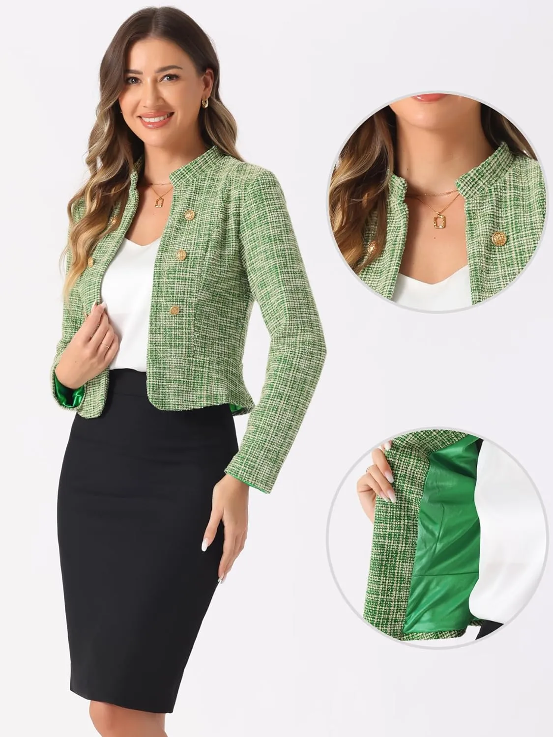 Allegra K Vintage Tweed Jackets for Women's Stand Collar Business Open Front Cropped Jacket