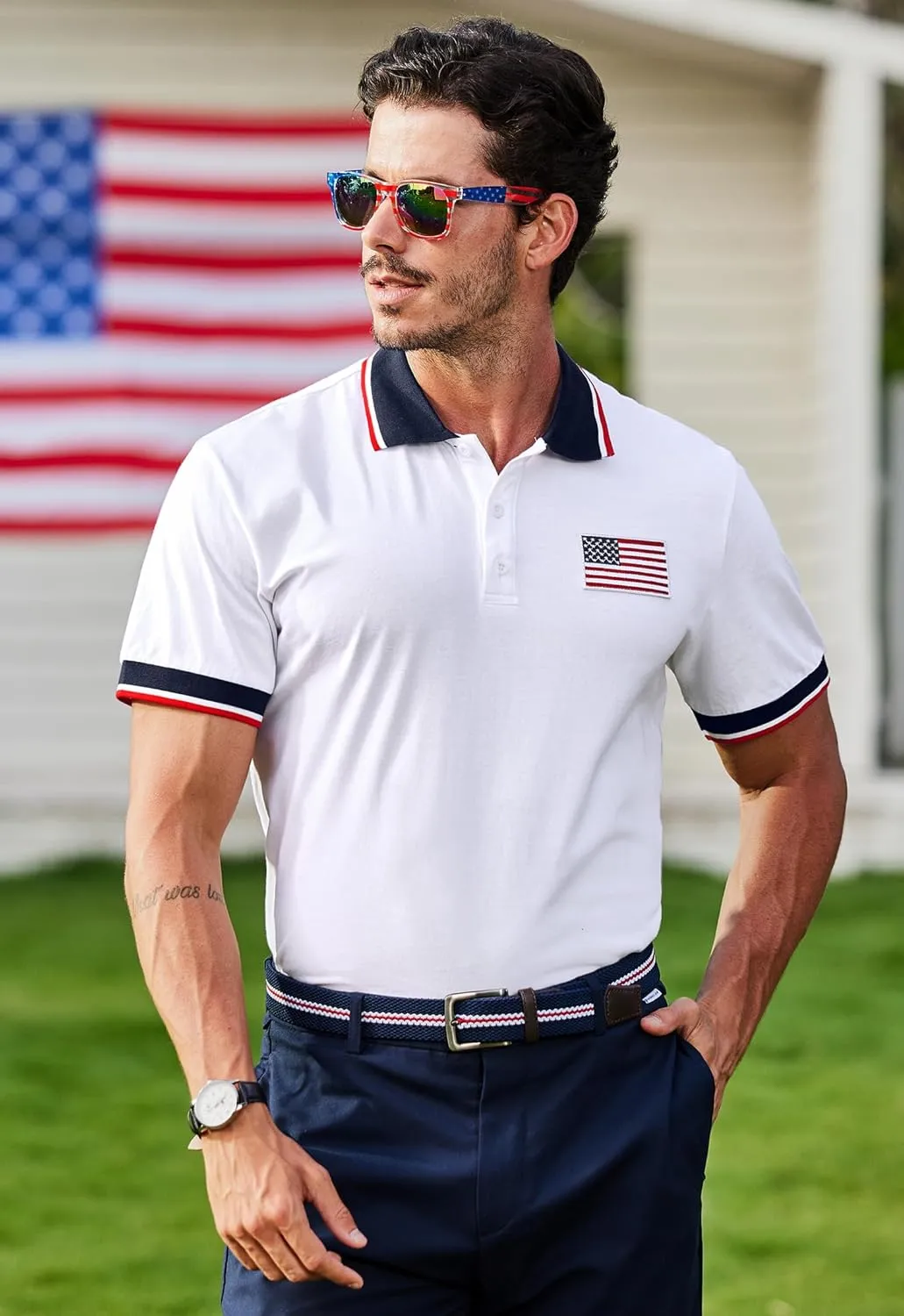 Arvilhill Men's American Flag Polo Shirts Short Sleeve 4th of July Cotton Golf Shirt (S-3XL)