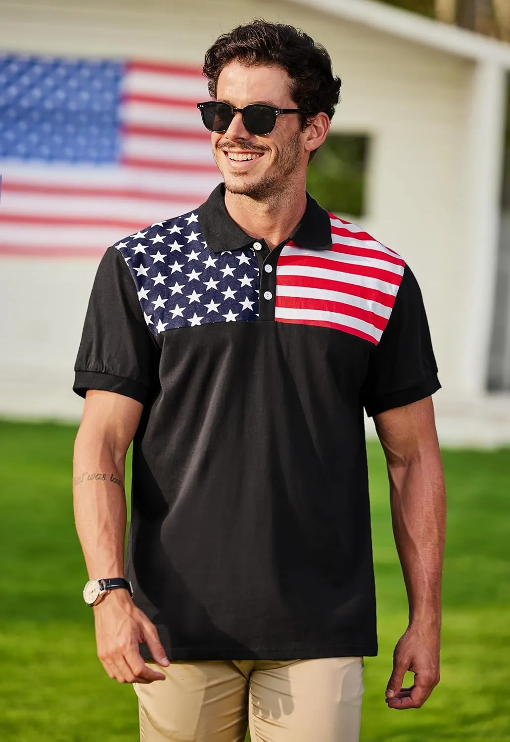 Arvilhill Men's American Flag Polo Shirts Short Sleeve 4th of July Cotton Golf Shirt (S-3XL)