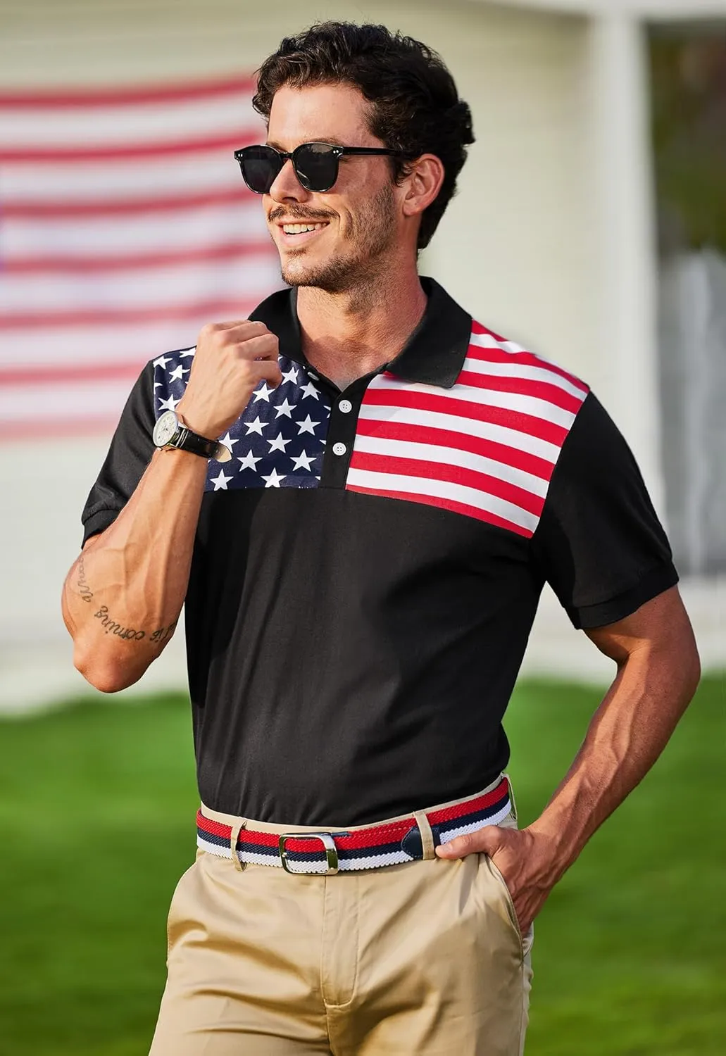 Arvilhill Men's American Flag Polo Shirts Short Sleeve 4th of July Cotton Golf Shirt (S-3XL)