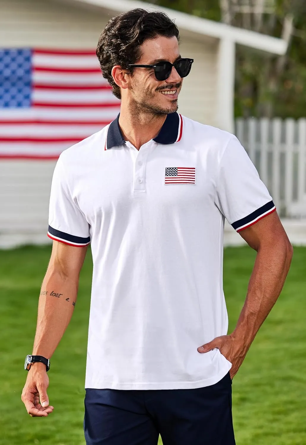 Arvilhill Men's American Flag Polo Shirts Short Sleeve 4th of July Cotton Golf Shirt (S-3XL)