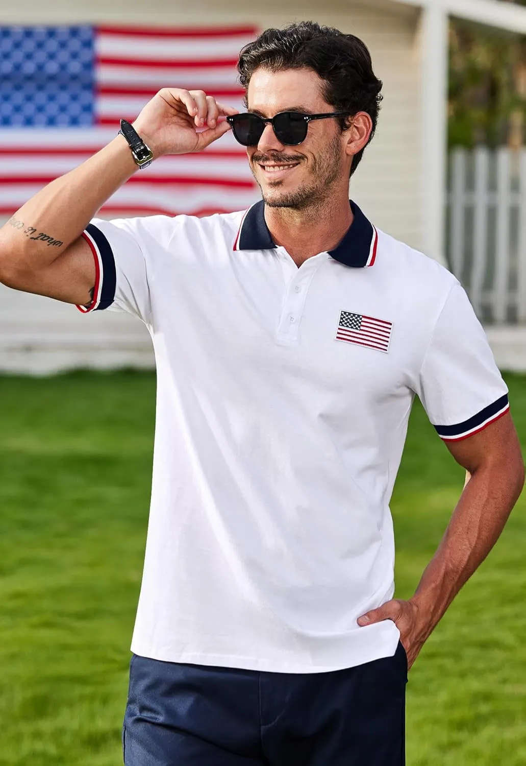 Arvilhill Men's American Flag Polo Shirts Short Sleeve 4th of July Cotton Golf Shirt (S-3XL)