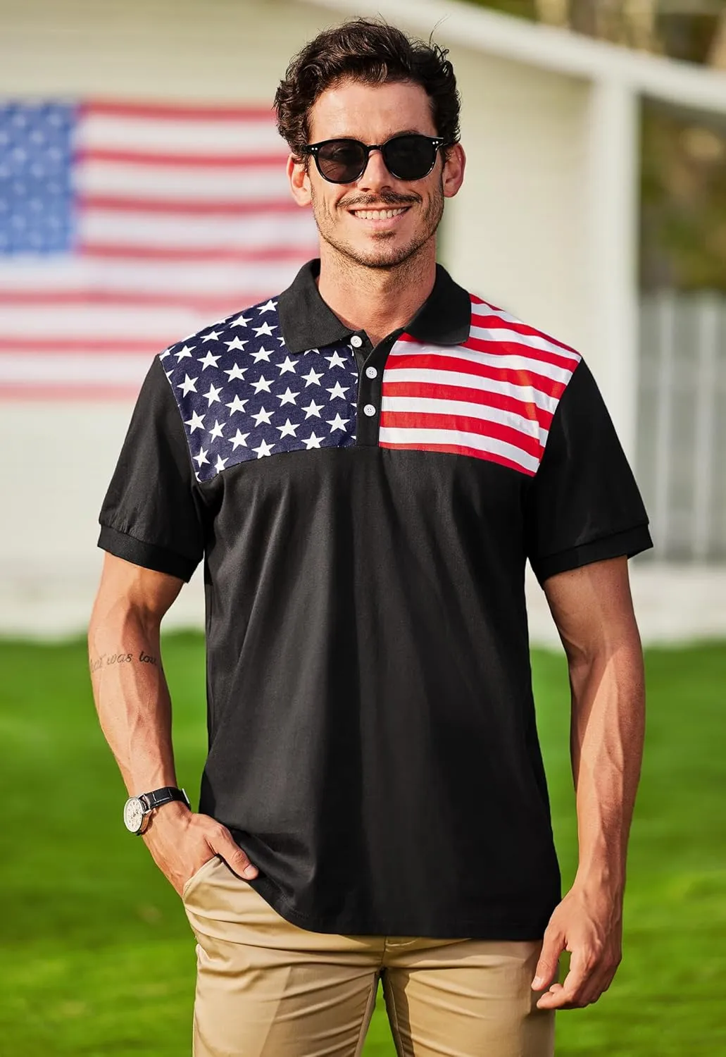 Arvilhill Men's American Flag Polo Shirts Short Sleeve 4th of July Cotton Golf Shirt (S-3XL)