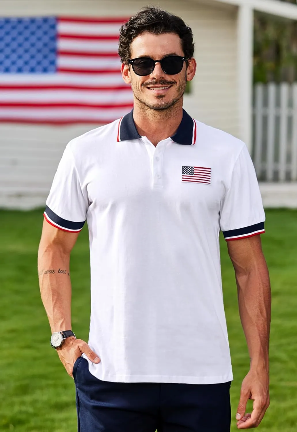 Arvilhill Men's American Flag Polo Shirts Short Sleeve 4th of July Cotton Golf Shirt (S-3XL)