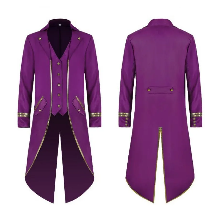 Black Purple Blue Green Red Tailcoat Suit For Men with Gold Trimming - Gothic Blazer For Cosplay Party Masquerade -Plus Size