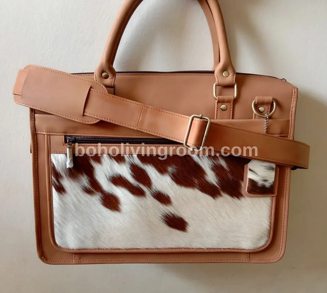 Brown White Cowhide Leather Briefcase Bag