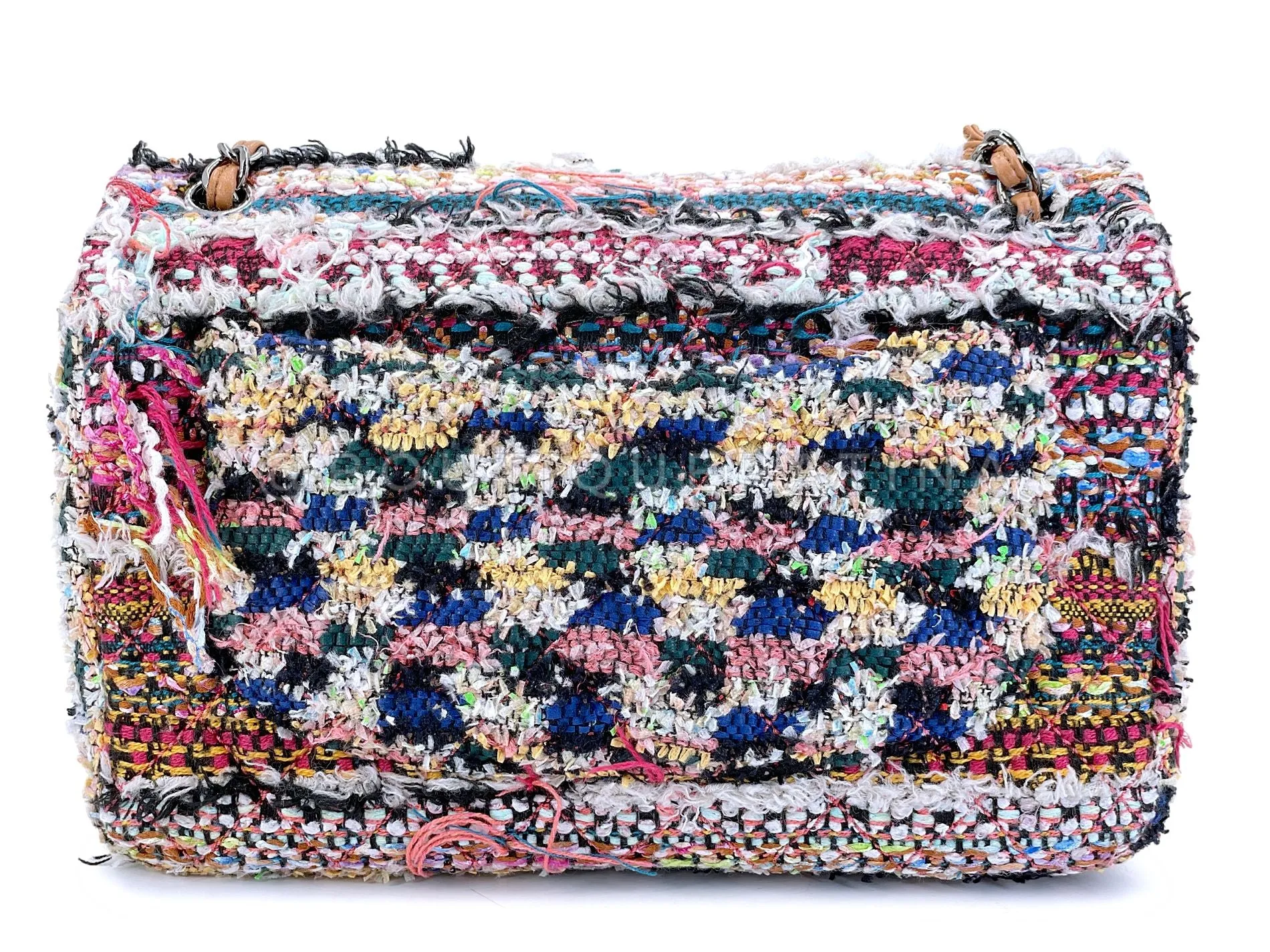 Chanel 15C Paris Dubai Pom Pom Tweed Jumbo Flap Bag RHW Rainbow RYK