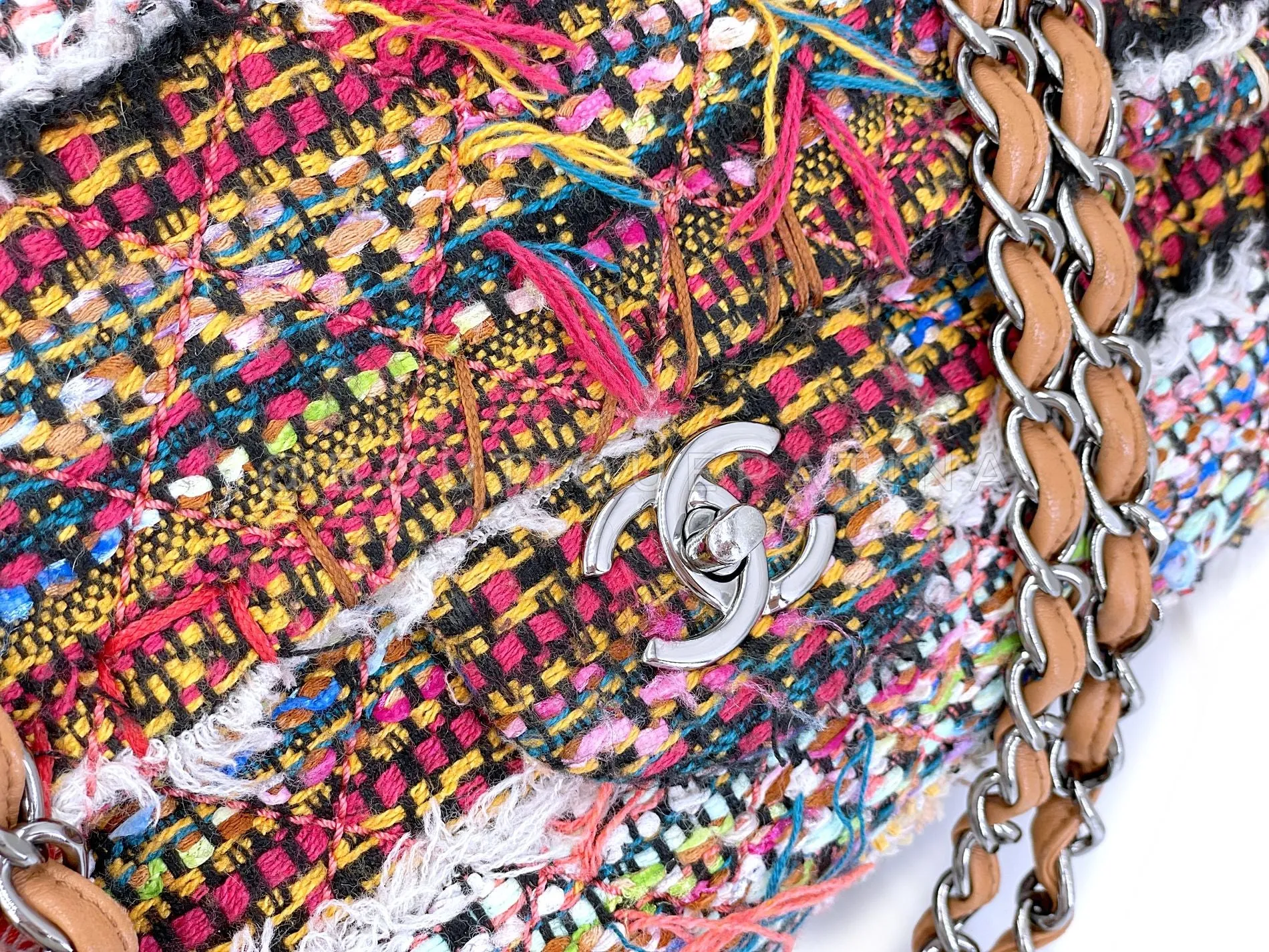 Chanel 15C Paris Dubai Pom Pom Tweed Jumbo Flap Bag RHW Rainbow RYK