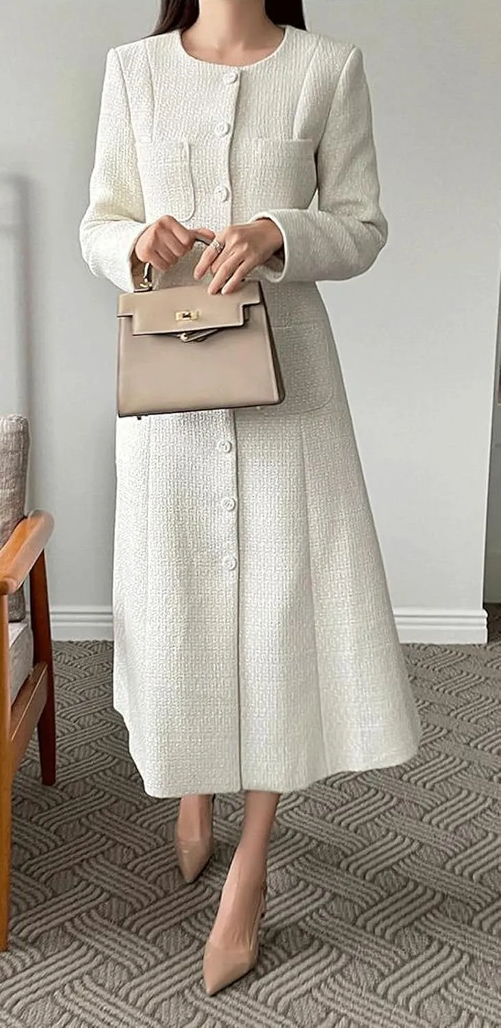 CHARTOU Women Tweed Dress Long Sleeve Single Breast Elegant Lady Long Tweed Blazer Dress