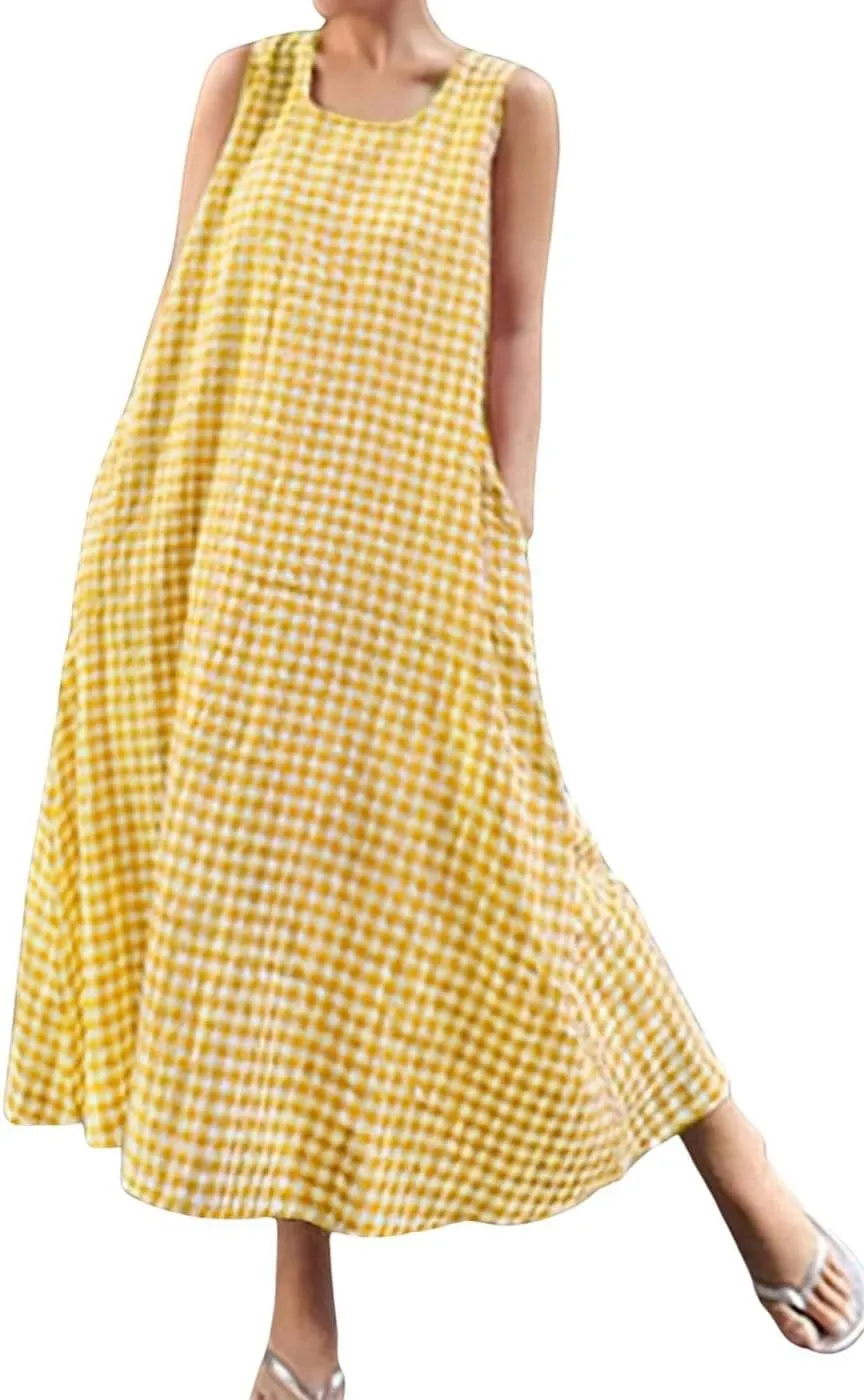 chouyatou Women's Casual Loose-Fit Cotton and Linen Plaid Tank Maxi Dress with Pockets