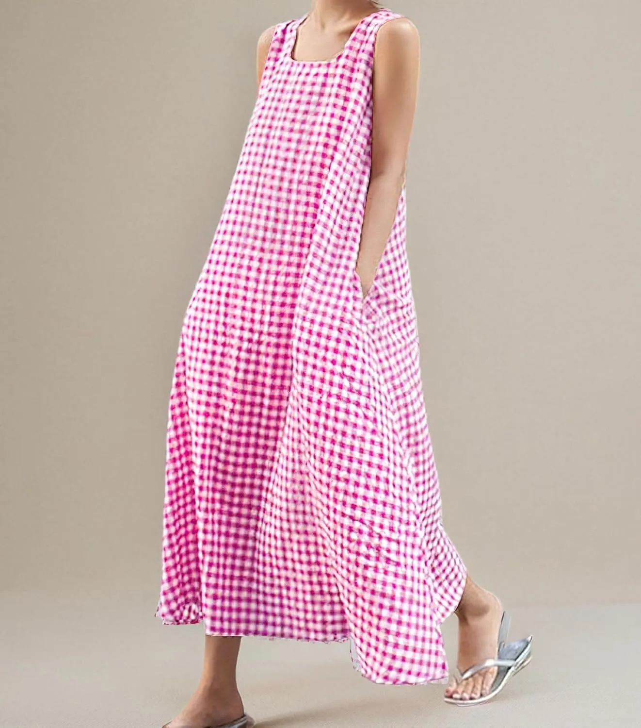 chouyatou Women's Casual Loose-Fit Cotton and Linen Plaid Tank Maxi Dress with Pockets