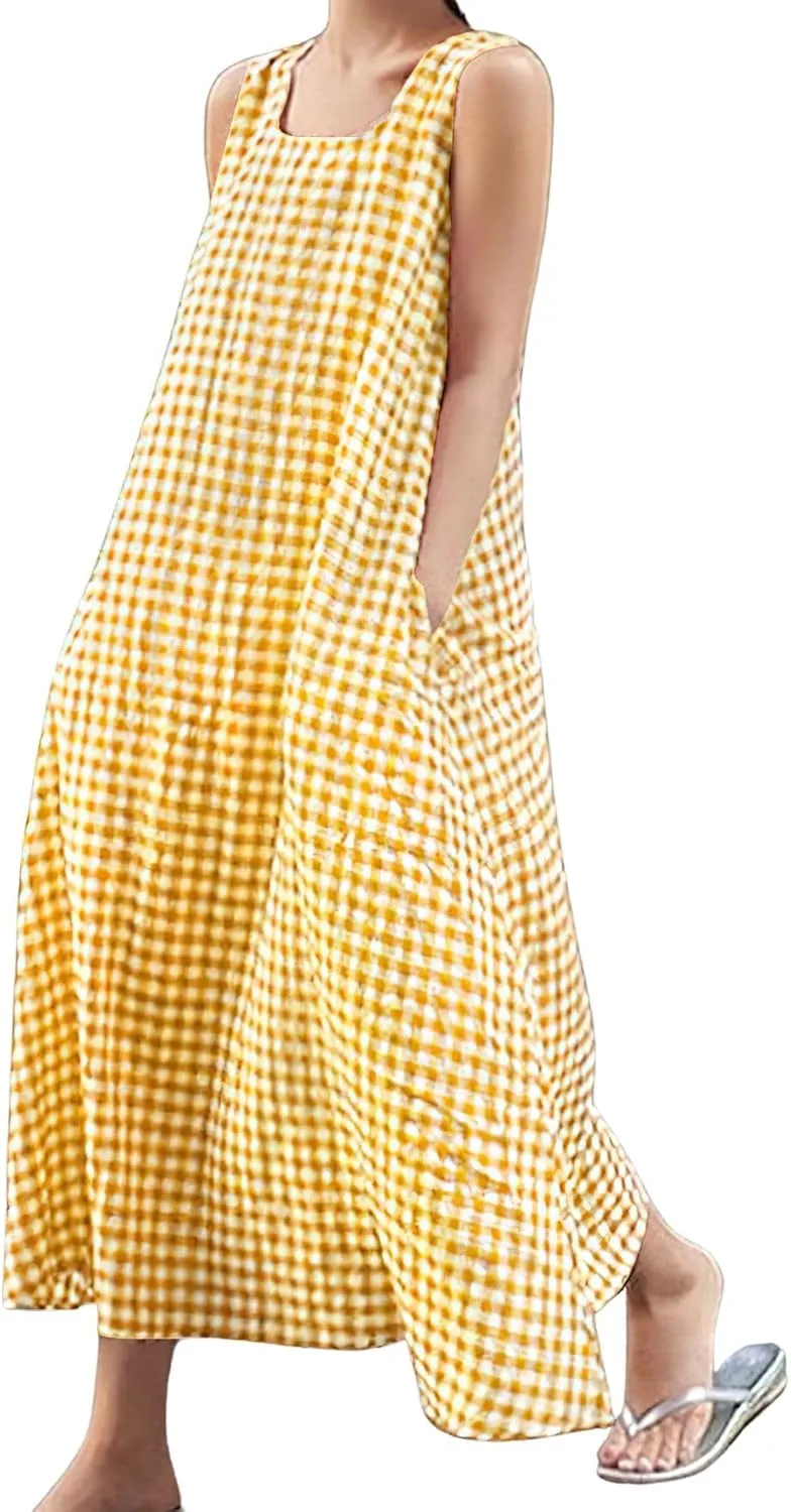 chouyatou Women's Casual Loose-Fit Cotton and Linen Plaid Tank Maxi Dress with Pockets