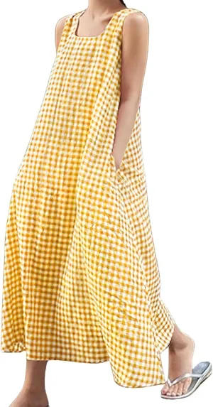 chouyatou Women's Casual Loose-Fit Cotton and Linen Plaid Tank Maxi Dress with Pockets