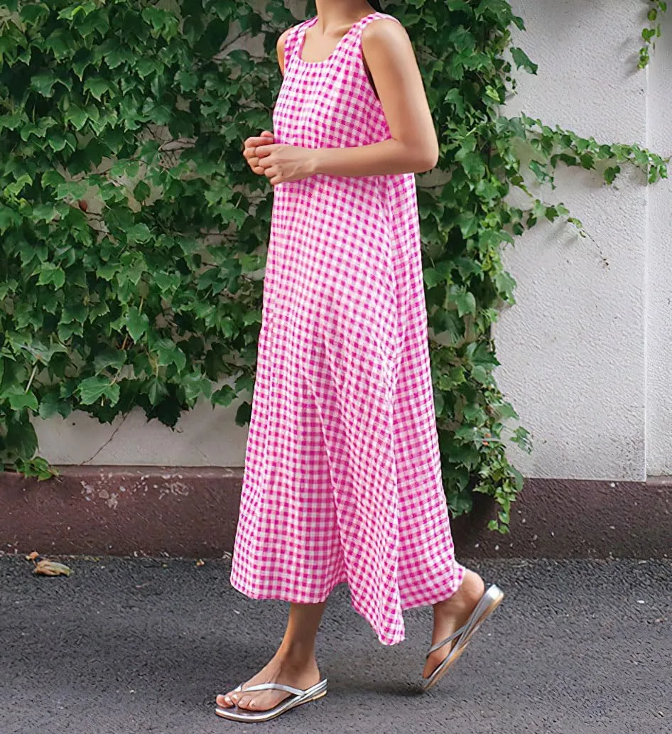 chouyatou Women's Casual Loose-Fit Cotton and Linen Plaid Tank Maxi Dress with Pockets