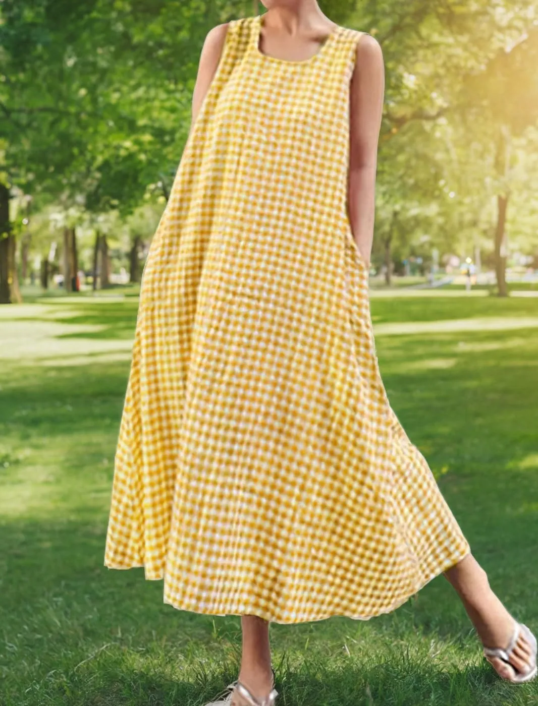chouyatou Women's Casual Loose-Fit Cotton and Linen Plaid Tank Maxi Dress with Pockets