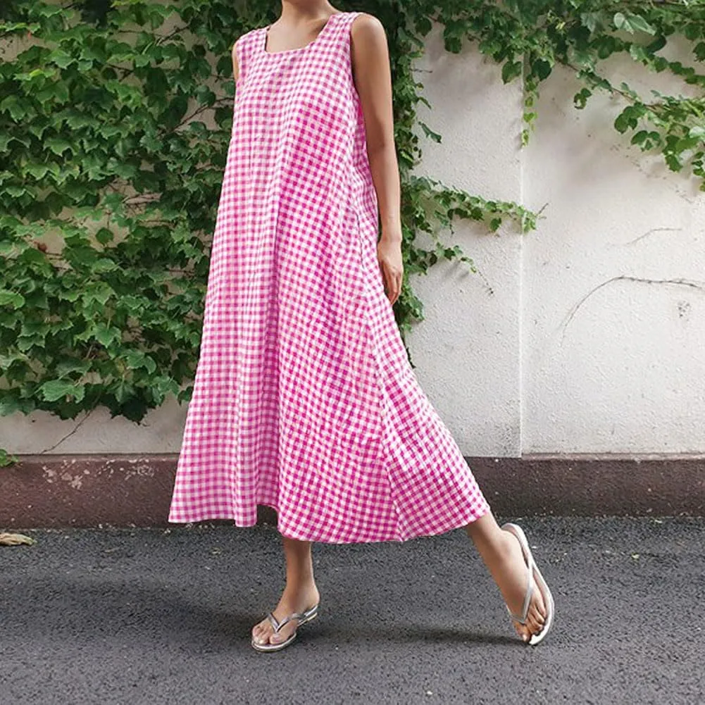 chouyatou Women's Casual Loose-Fit Cotton and Linen Plaid Tank Maxi Dress with Pockets