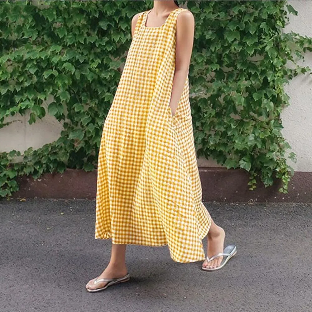 chouyatou Women's Casual Loose-Fit Cotton and Linen Plaid Tank Maxi Dress with Pockets