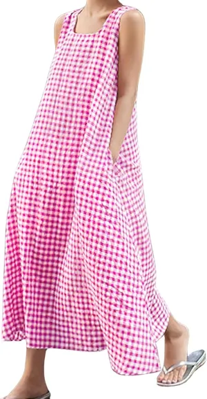 chouyatou Women's Casual Loose-Fit Cotton and Linen Plaid Tank Maxi Dress with Pockets