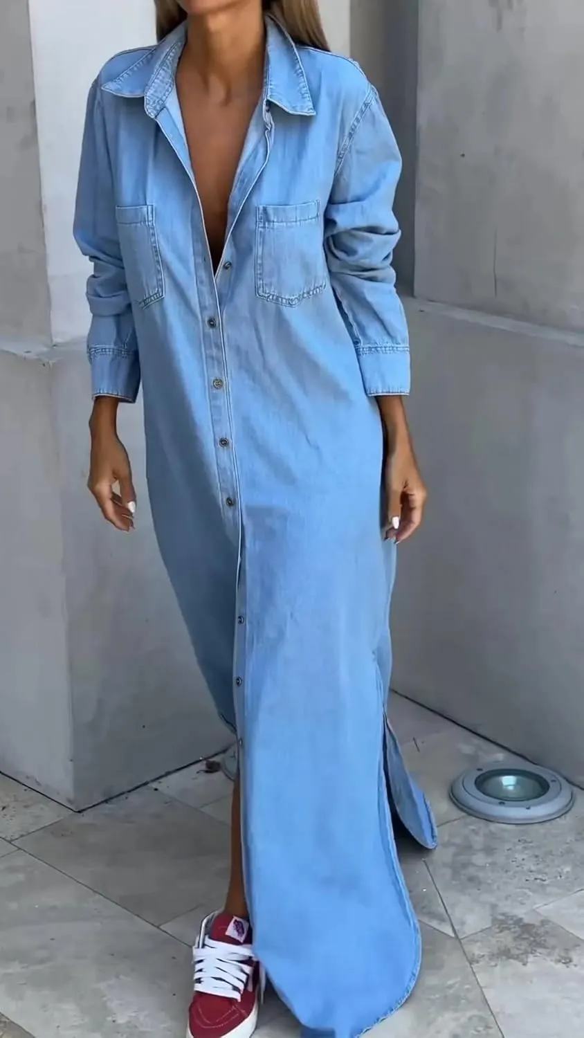 chouyatou Women's Long Sleeve Button Down Denim Maxi Shirt Dress Casual Lapel Side Slit Long Jean Shift Dress