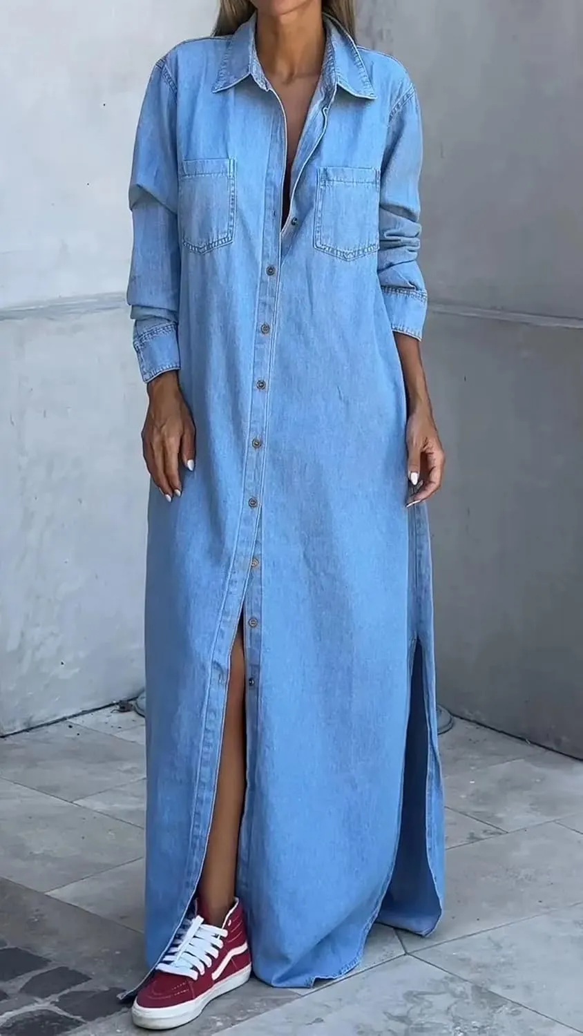 chouyatou Women's Long Sleeve Button Down Denim Maxi Shirt Dress Casual Lapel Side Slit Long Jean Shift Dress
