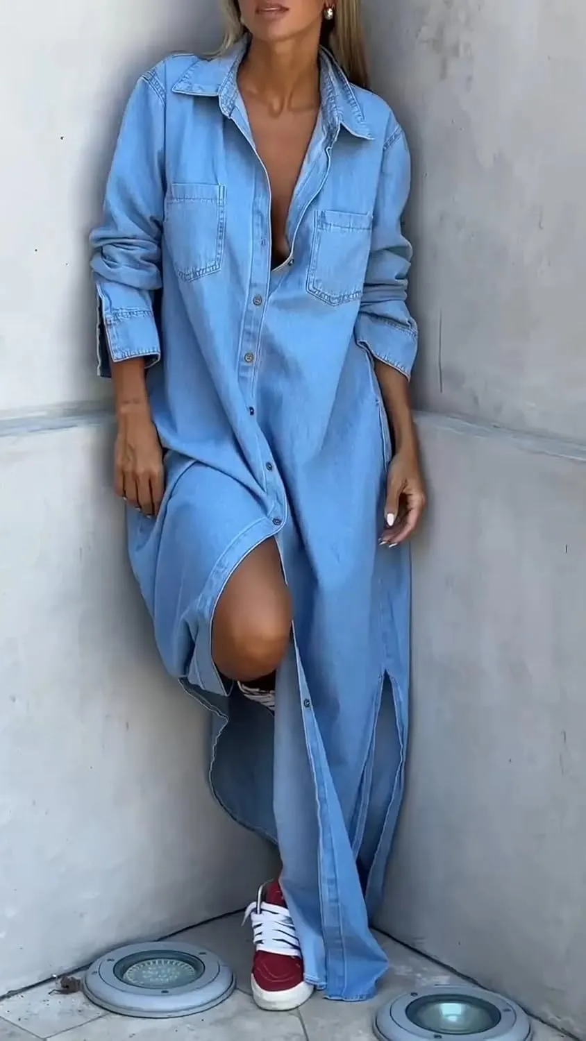 chouyatou Women's Long Sleeve Button Down Denim Maxi Shirt Dress Casual Lapel Side Slit Long Jean Shift Dress