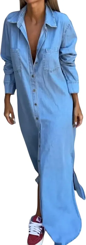 chouyatou Women's Long Sleeve Button Down Denim Maxi Shirt Dress Casual Lapel Side Slit Long Jean Shift Dress