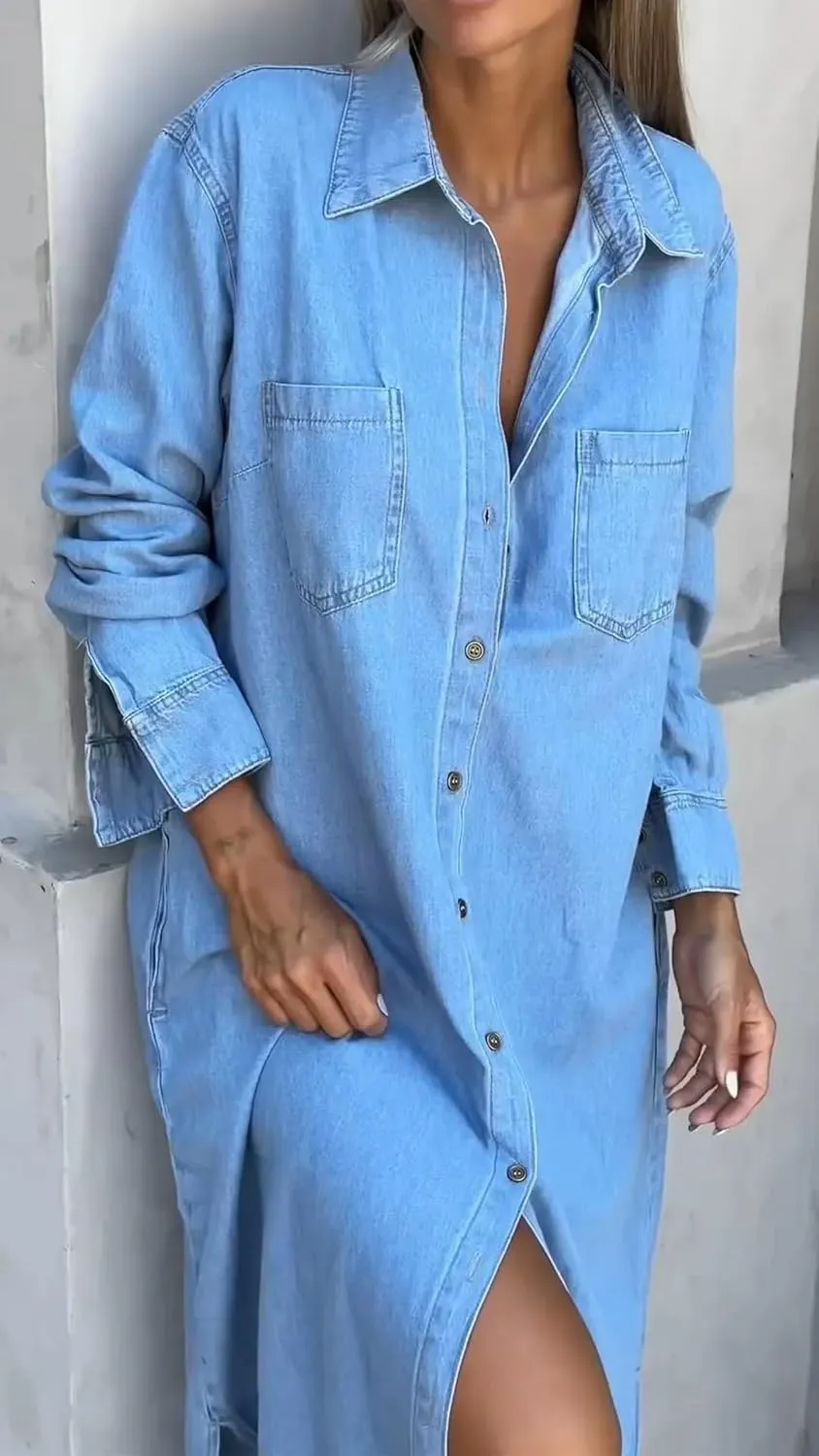 chouyatou Women's Long Sleeve Button Down Denim Maxi Shirt Dress Casual Lapel Side Slit Long Jean Shift Dress