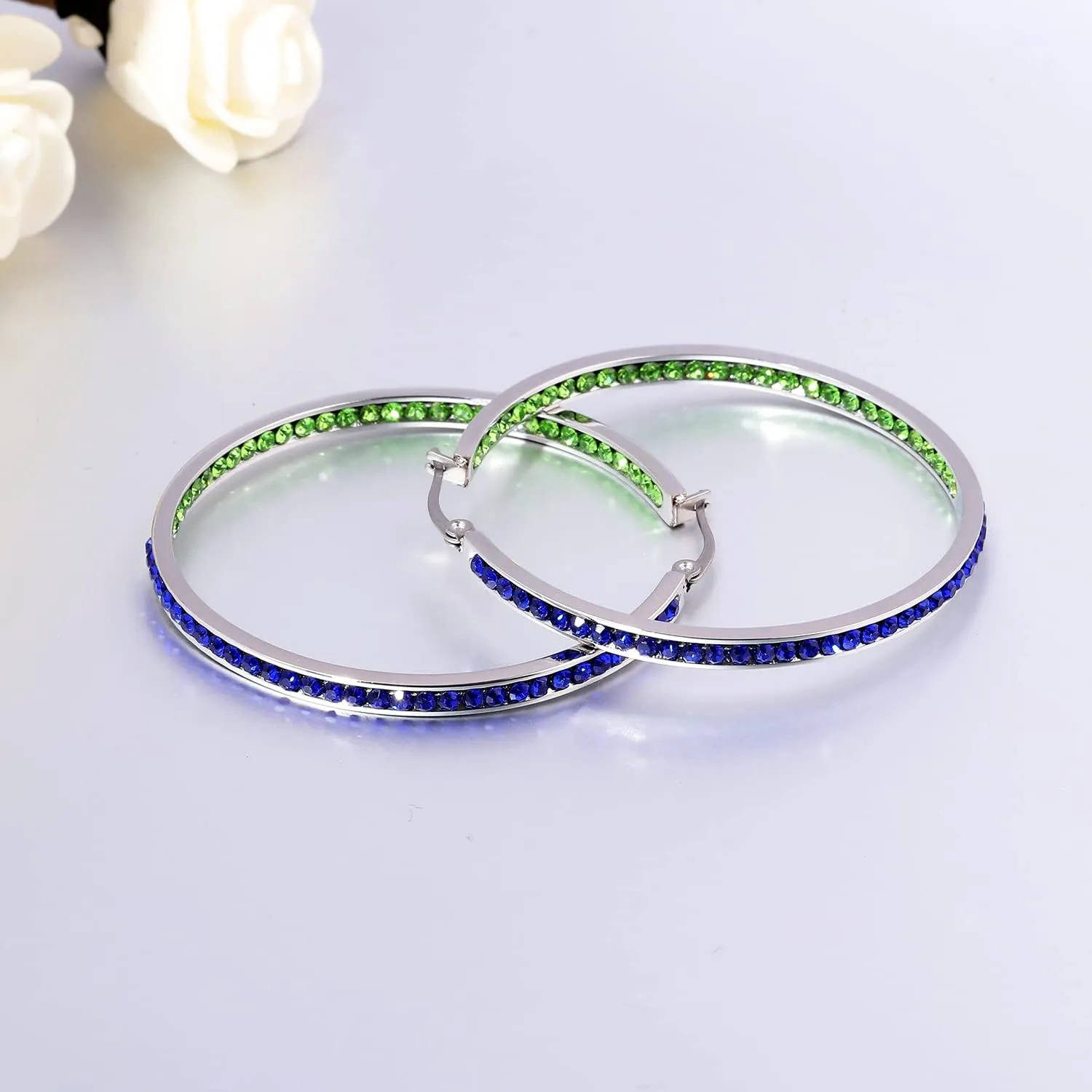 CiNily Mult-colors Crystal Stainless Steel Hoop Earring for Women Hypoallergenic Jewelry for Sensitive Ears Large Big Hoop Earrings 2"