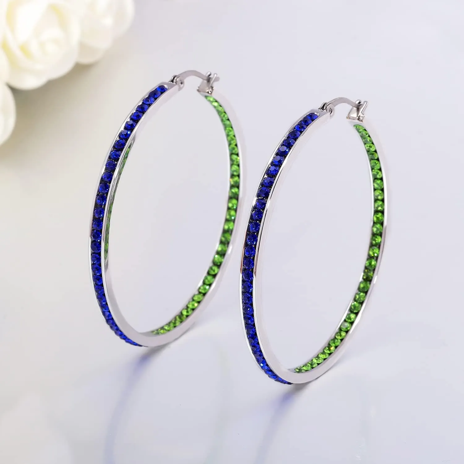 CiNily Mult-colors Crystal Stainless Steel Hoop Earring for Women Hypoallergenic Jewelry for Sensitive Ears Large Big Hoop Earrings 2"