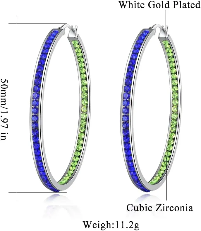 CiNily Mult-colors Crystal Stainless Steel Hoop Earring for Women Hypoallergenic Jewelry for Sensitive Ears Large Big Hoop Earrings 2"