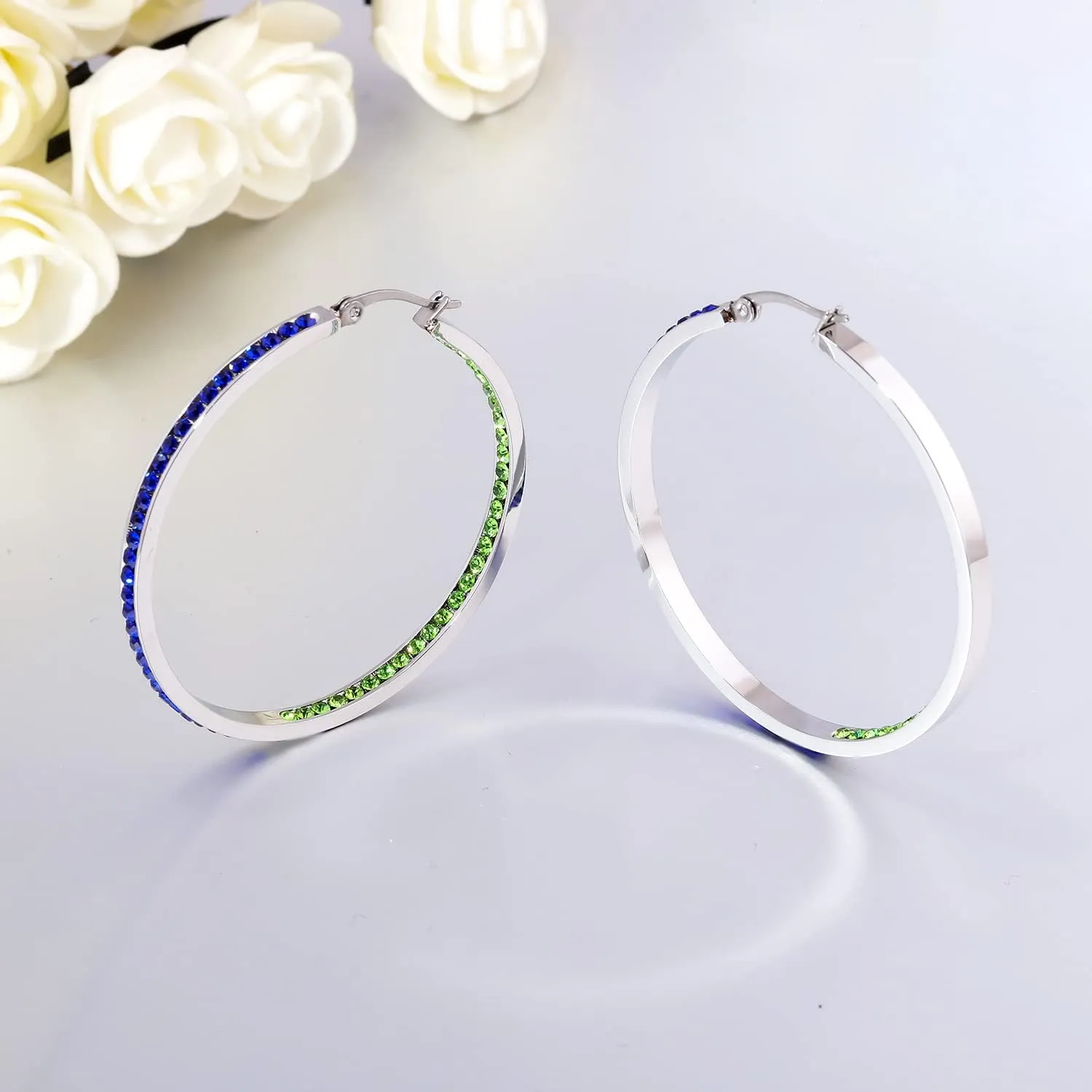 CiNily Mult-colors Crystal Stainless Steel Hoop Earring for Women Hypoallergenic Jewelry for Sensitive Ears Large Big Hoop Earrings 2"