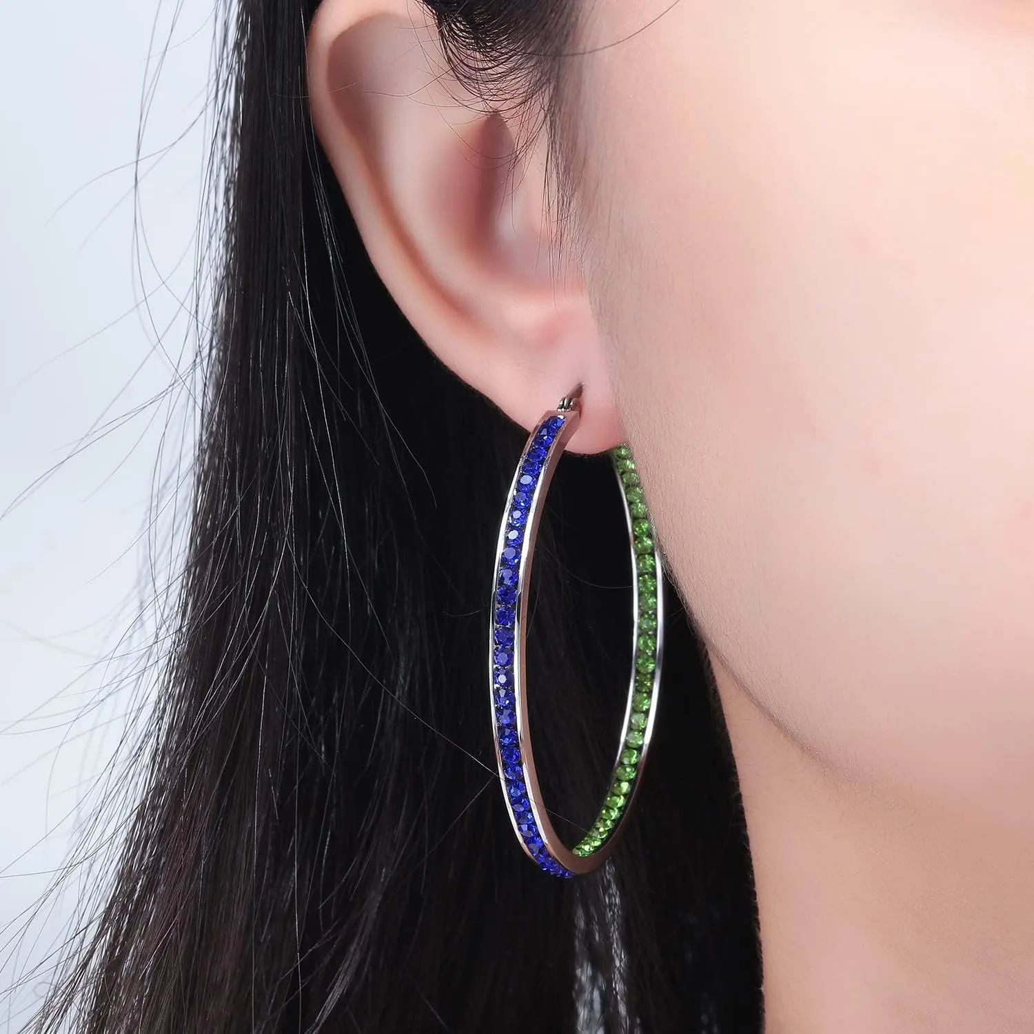 CiNily Mult-colors Crystal Stainless Steel Hoop Earring for Women Hypoallergenic Jewelry for Sensitive Ears Large Big Hoop Earrings 2"