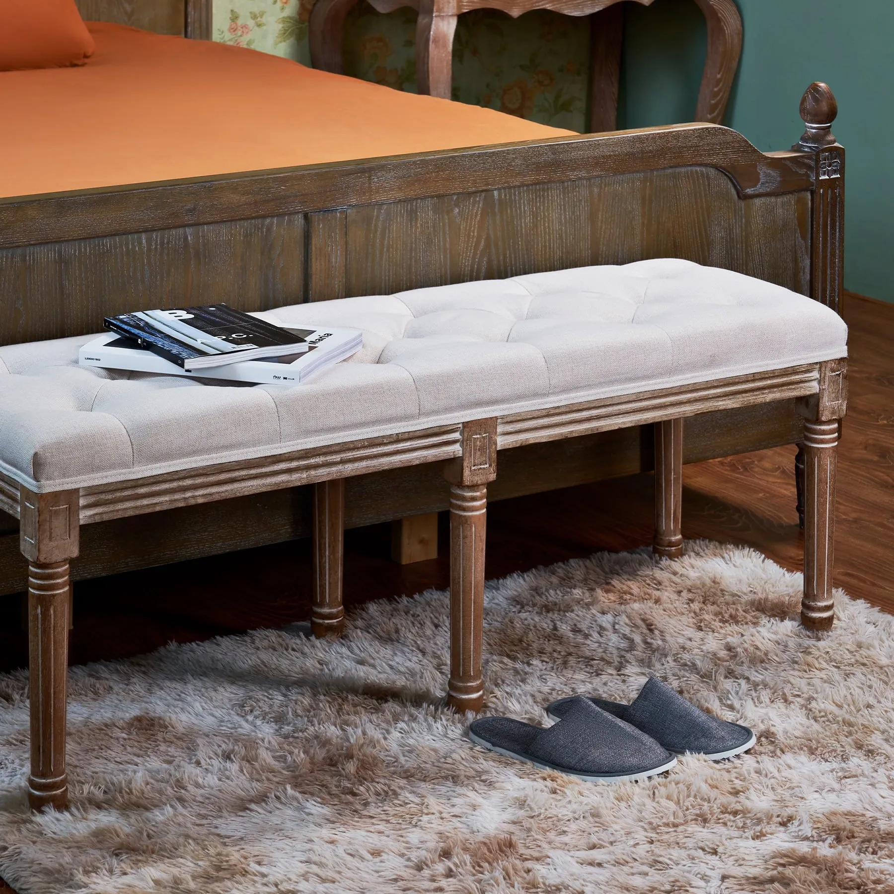 classic 48" French Vintage Tufted Bench, Birch & Rubberwood, Beige