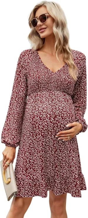 Coolmee Women's Maternity Short Sleeve Ruffle Dress V Neck Summer Casual Smocked Flowy Midi Dress for Baby Shower Photoshoot