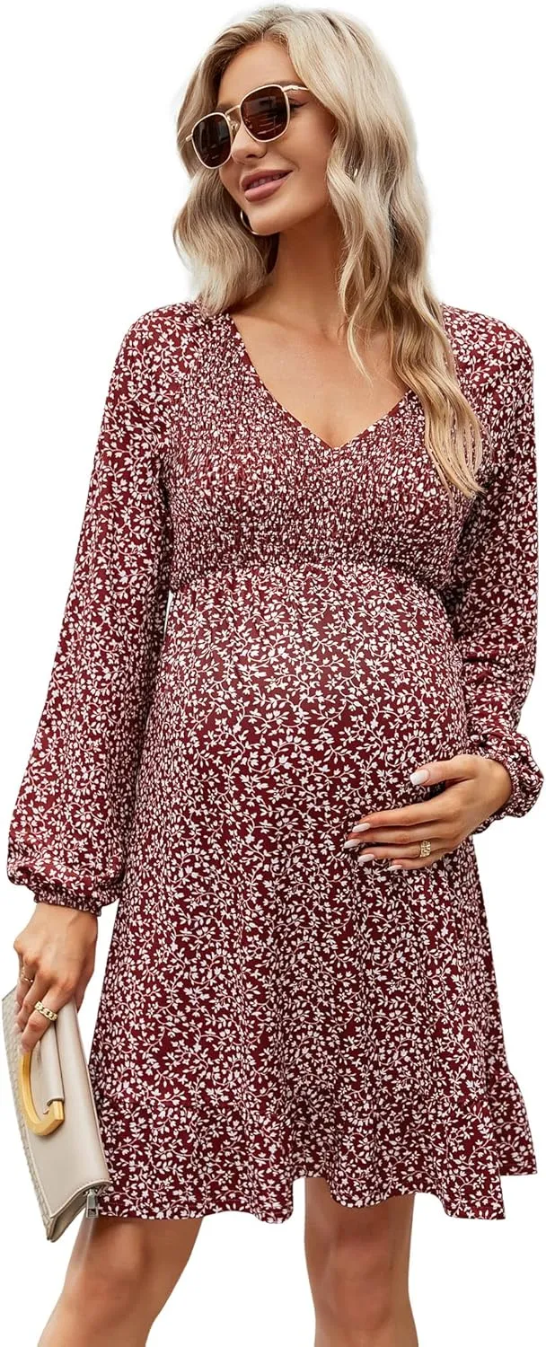 Coolmee Women's Maternity Short Sleeve Ruffle Dress V Neck Summer Casual Smocked Flowy Midi Dress for Baby Shower Photoshoot