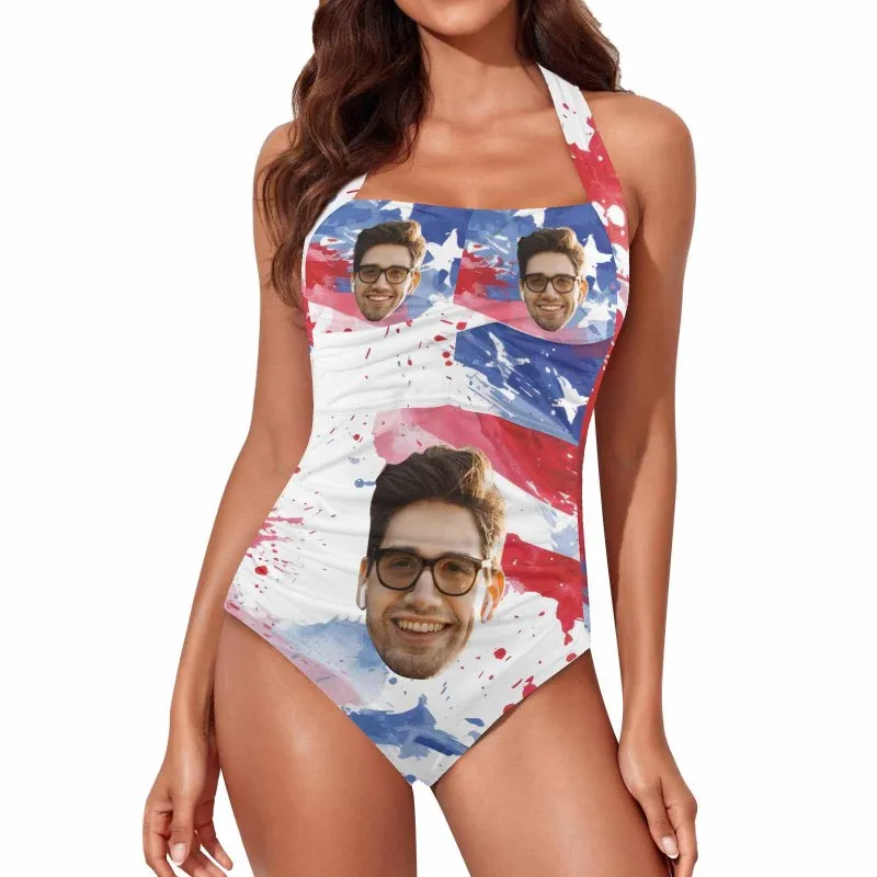 Custom Face American Flag Style Women's Ruched Push Up Halter Swimsuit Personalized One Piece Bathing Suits