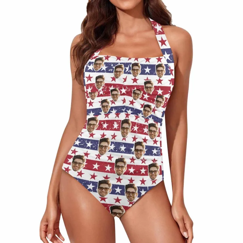 Custom Face American Flag Style Women's Ruched Push Up Halter Swimsuit Personalized One Piece Bathing Suits