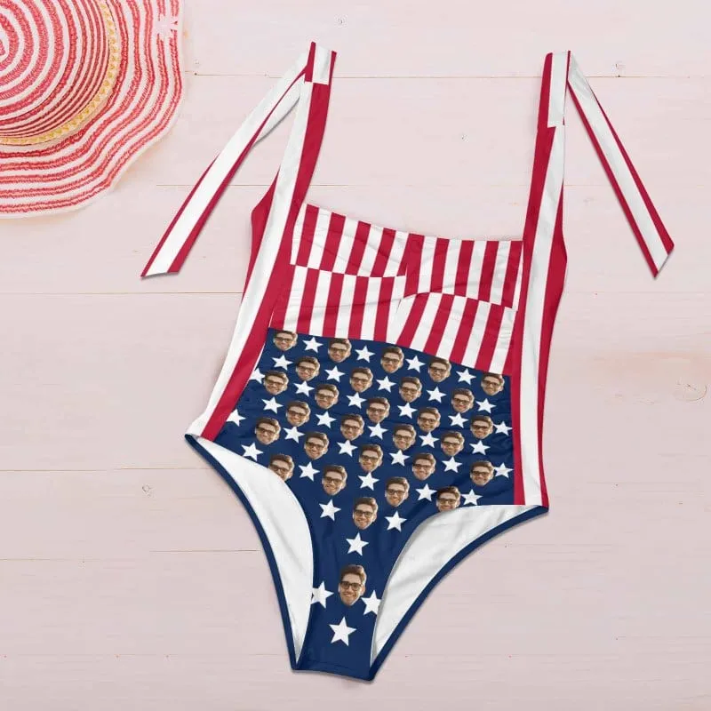 Custom Face American Flag Style Women's Ruched Push Up Halter Swimsuit Personalized One Piece Bathing Suits