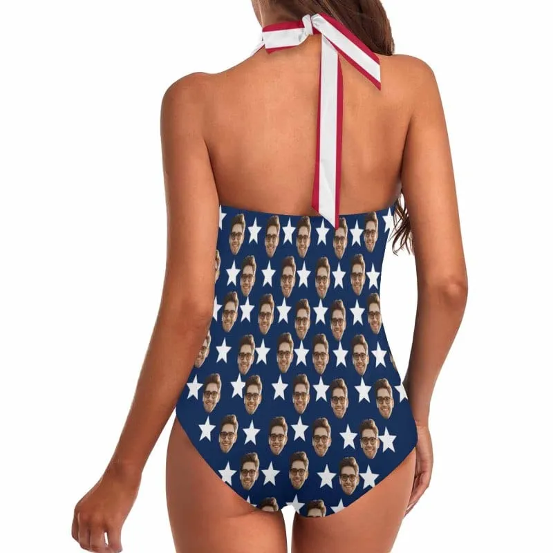 Custom Face American Flag Style Women's Ruched Push Up Halter Swimsuit Personalized One Piece Bathing Suits
