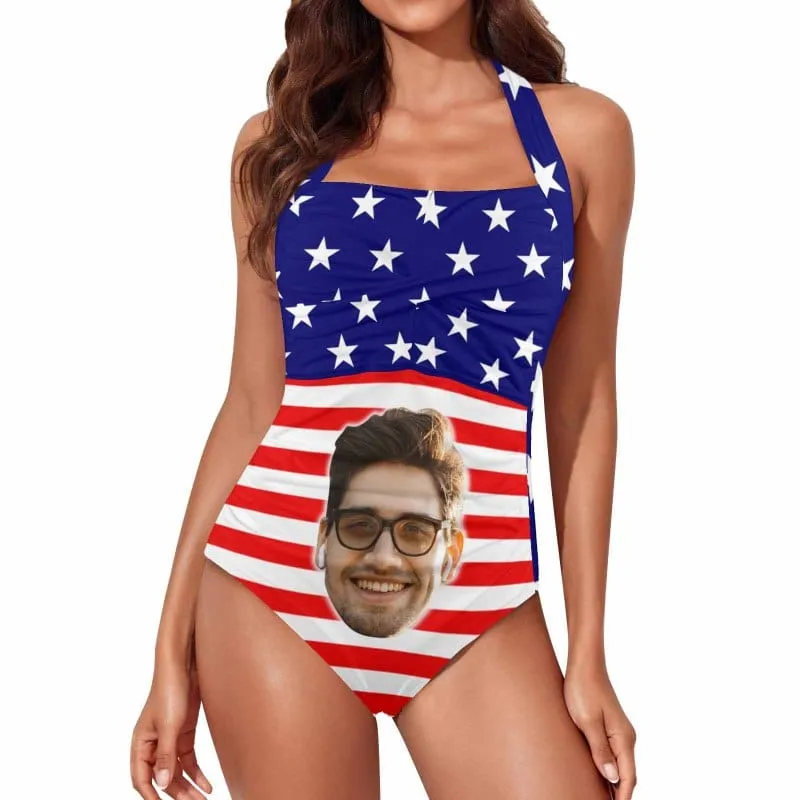 Custom Face American Flag Style Women's Ruched Push Up Halter Swimsuit Personalized One Piece Bathing Suits