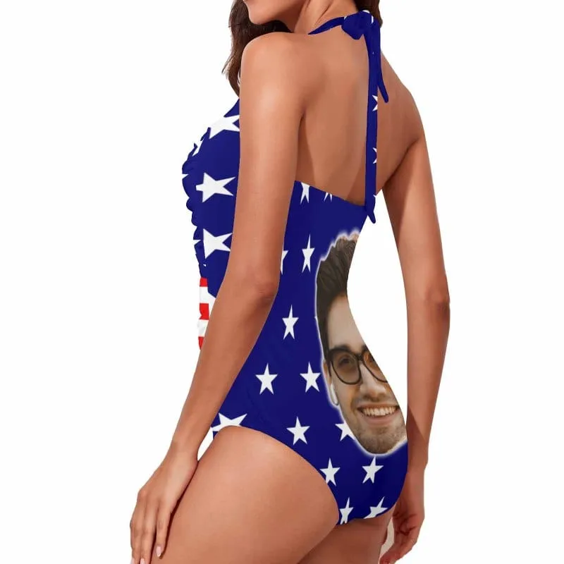 Custom Face American Flag Style Women's Ruched Push Up Halter Swimsuit Personalized One Piece Bathing Suits