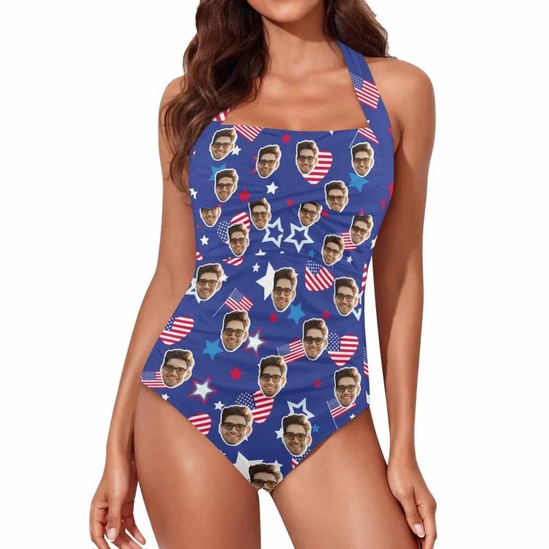 Custom Face American Flag Style Women's Ruched Push Up Halter Swimsuit Personalized One Piece Bathing Suits