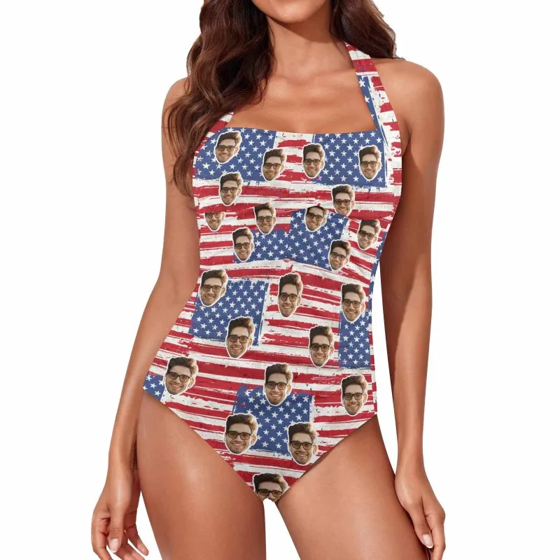 Custom Face American Flag Style Women's Ruched Push Up Halter Swimsuit Personalized One Piece Bathing Suits